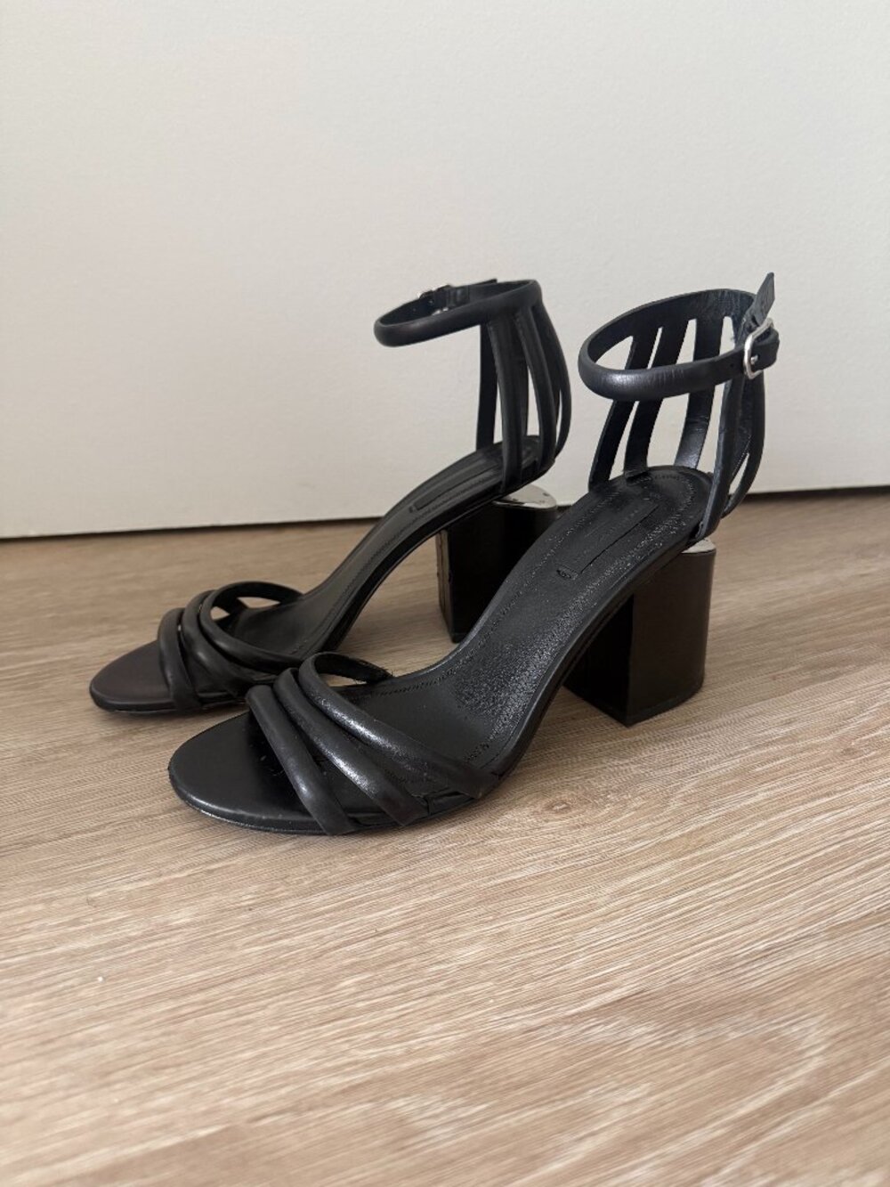 Alexander Wang Abby Cage Sandal Black Leather Cut Out Block Heel Size 38